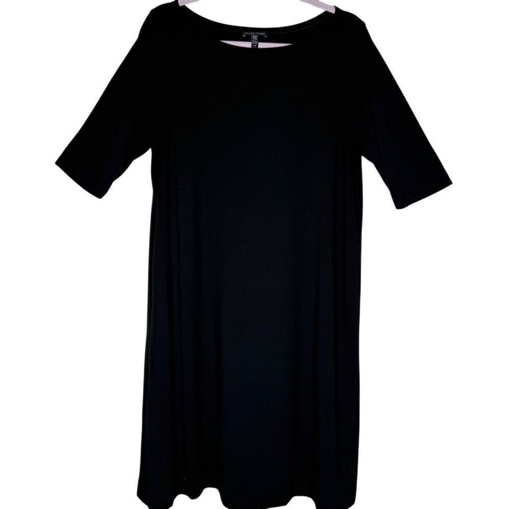 Eileen Fisher Blk Jersey Knit Elbow Sleeve Shift Dress Sz L Classic, Minimalist